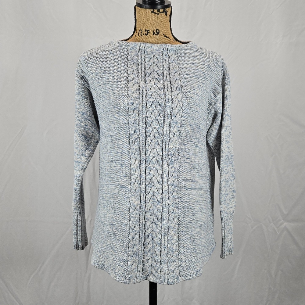 Chaps Women Light Blue Cable Knit Pullover Sweater Medium Marled‎ Soft Classic
